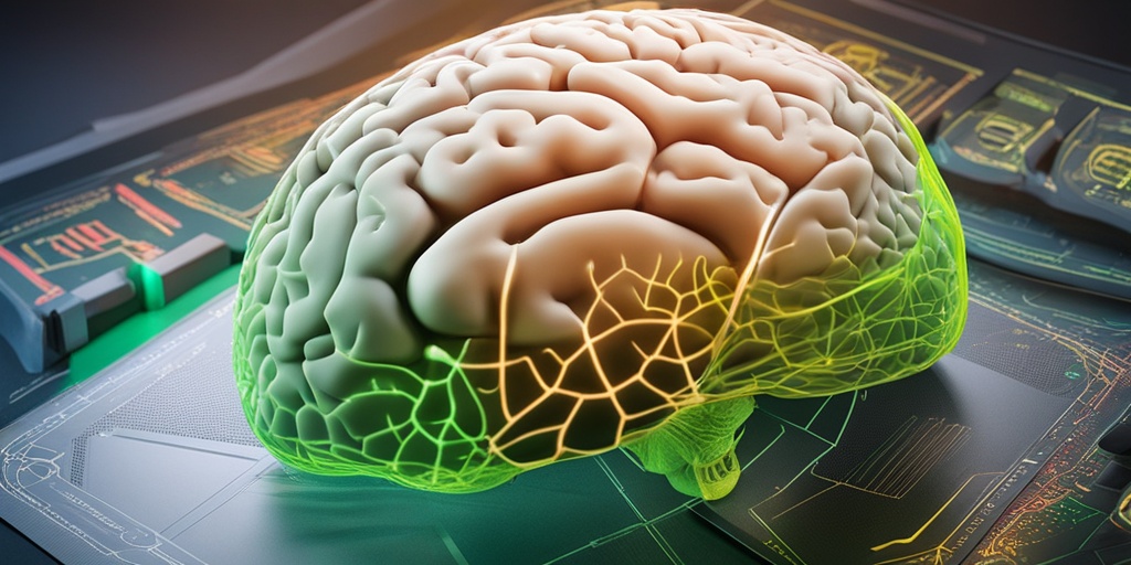 An intricate 3D brain model highlights Glioma risk factors, surrounded by icons representing genetic and environmental influences.  .png