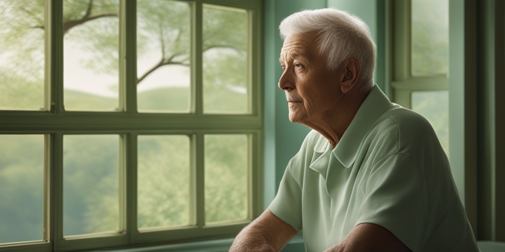 An older adult reflects on their radiation illness journey, surrounded by a serene landscape, symbolizing recovery and resilience.  .png