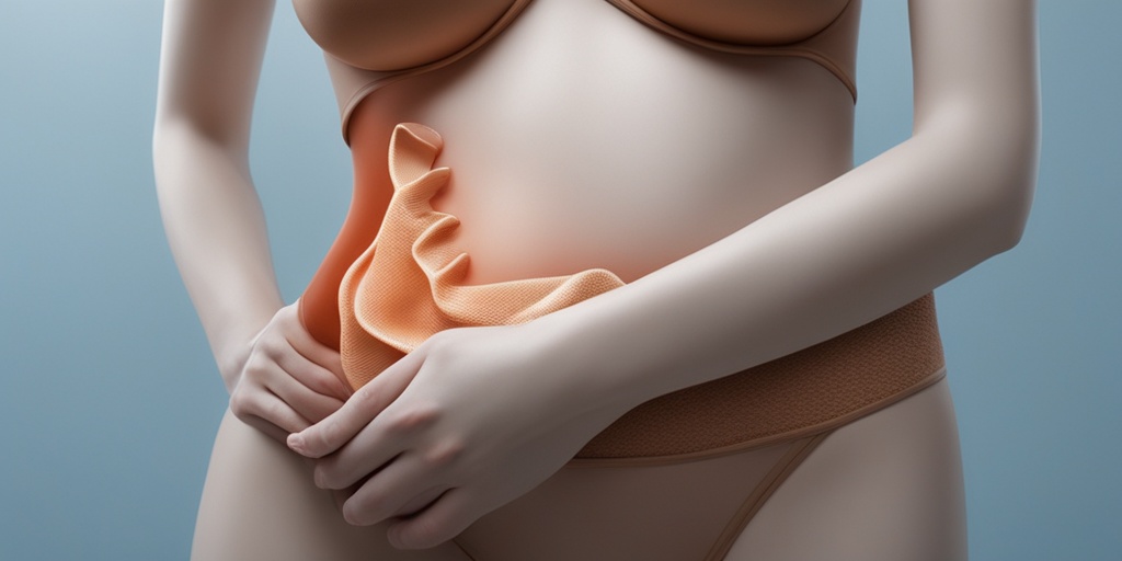 Close-up of a woman's abdomen highlights bloating and discomfort, symbolizing the internal struggle of Ovarian Syndrome..png