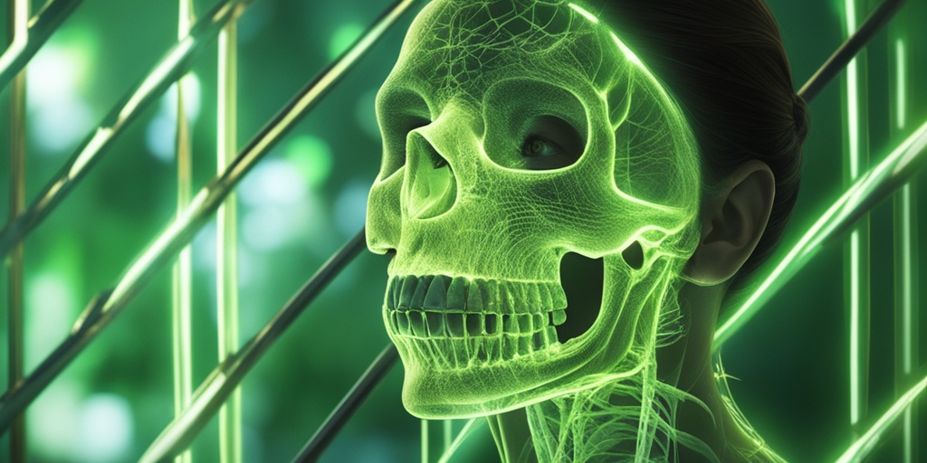 Close-up of a young adult with Gargoylism, highlighting facial features and skeletal abnormalities against a soft green background.  .png