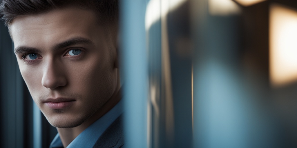 Close-up of a young man's eyes, showcasing blurred vision against a calming blue background.  .png