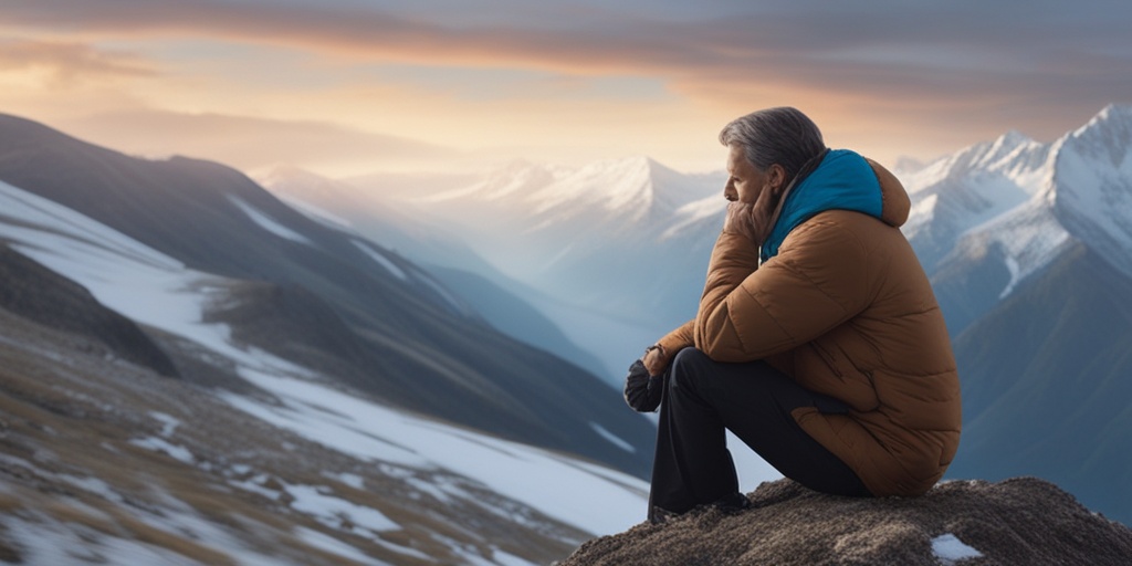 Close-up of an individual in distress from High Altitude Illness, surrounded by snow-capped mountains and serene colors.  .png