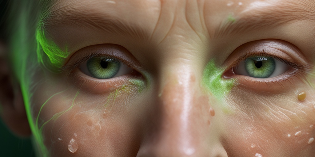 Close-up of skin showing redness and peeling, highlighting the physical effects of radiation illness against a soothing green background.  .png