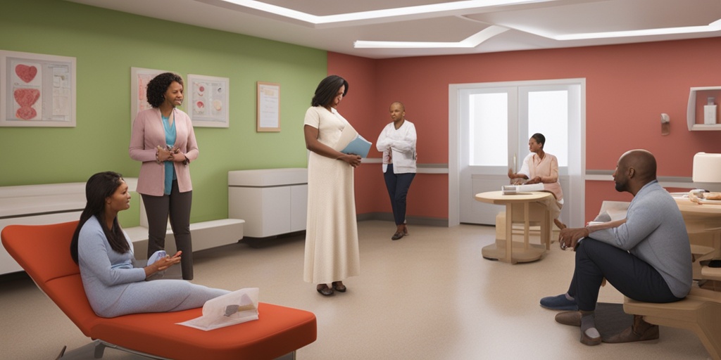 Expectant parents discuss HLHS risk factors with a healthcare professional, displaying a mix of concern and hope in a prenatal room.  .png