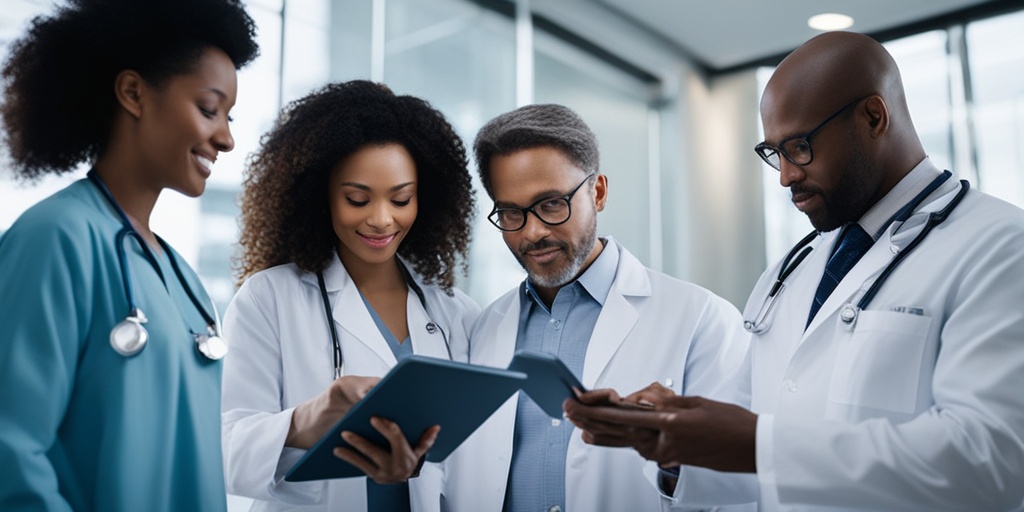 Healthcare professionals engage around a digital tablet, emphasizing teamwork and communication in a bustling hospital environment..png