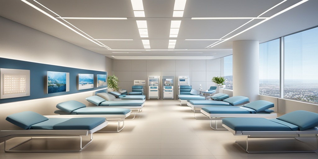 Modern treatment facility scene with patients receiving melanoma care, surrounded by advanced medical equipment and uplifting lighting. .png