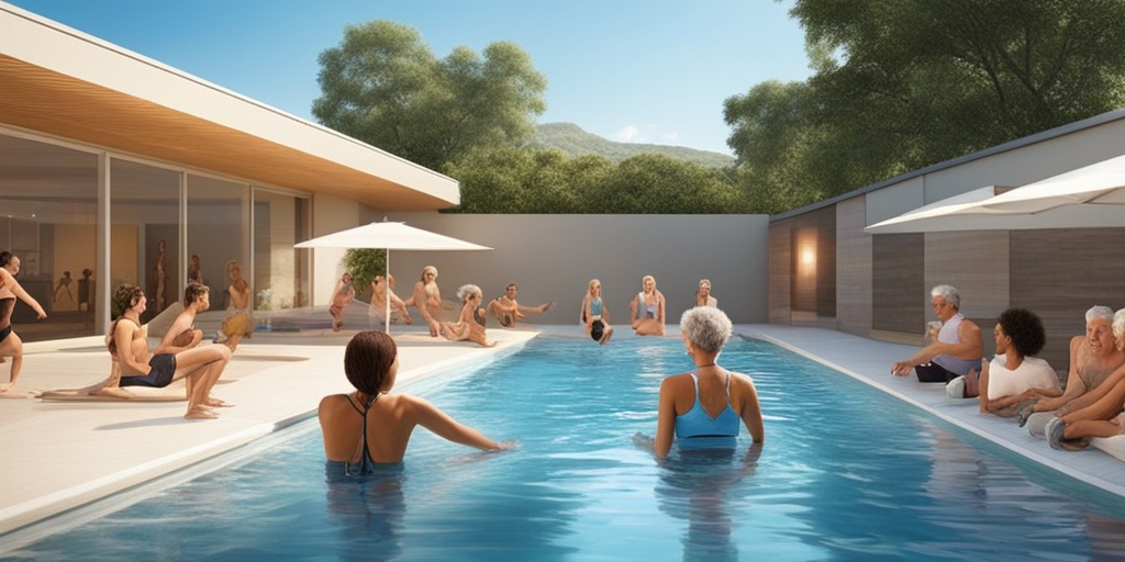 Participants enjoy a gentle water aerobics class, showcasing low-impact movements in a bright, inviting pool environment.  .png