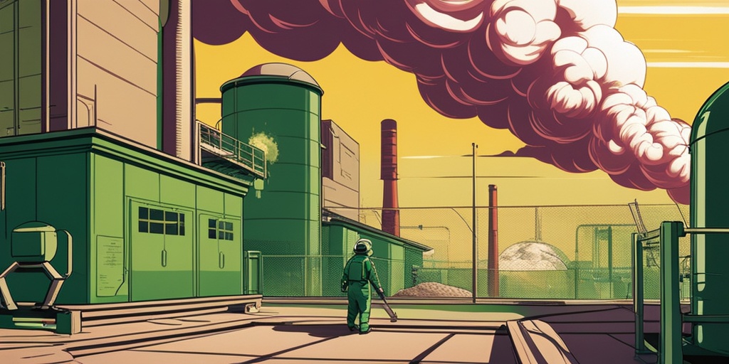 Symbolic elements illustrate radiation illness risks, featuring a factory, nuclear plant, and protective gear in a cinematic setting.  .png