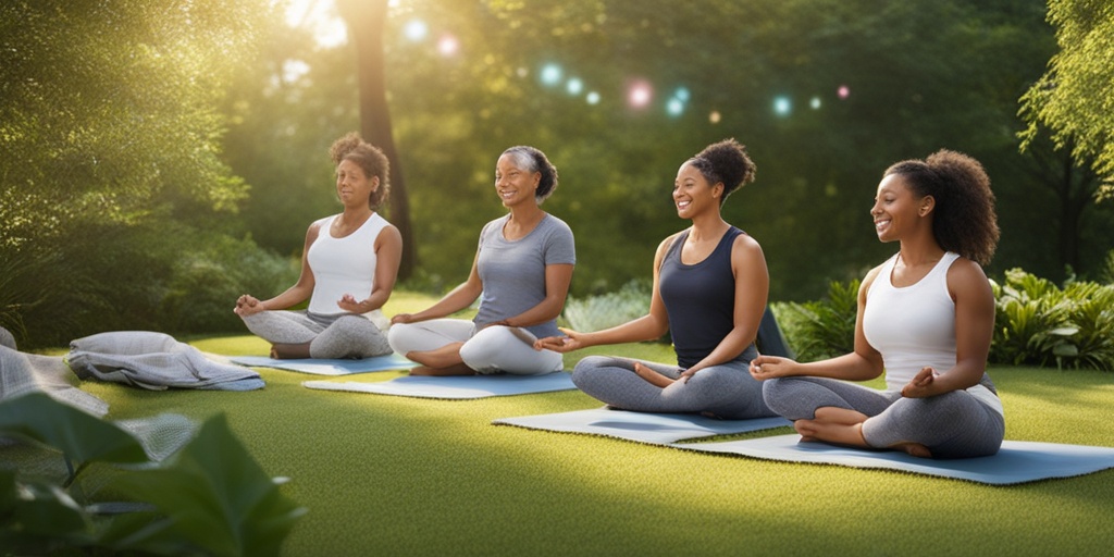 Women participate in a wellness workshop outdoors, engaging in yoga and nutrition discussions, promoting community support against Ovarian Syndrome..png