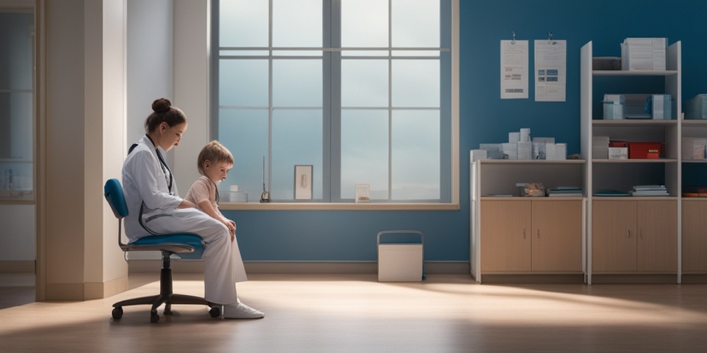 A child in a doctor's office shows discomfort from Henoch-Schonlein Purpura, with a concerned parent nearby and educational materials visible.  .png