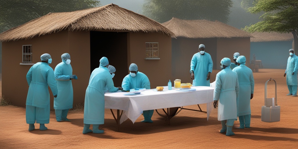 A community scene illustrating Ebola risk factors, with individuals engaged in activities that contribute to virus spread, set against a serene blue backdrop..png