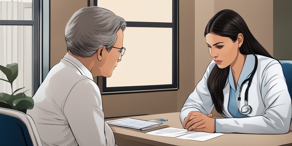 A concerned young woman discusses glucocerebrosidosis symptoms with her physician in a warm doctor's office.  .png