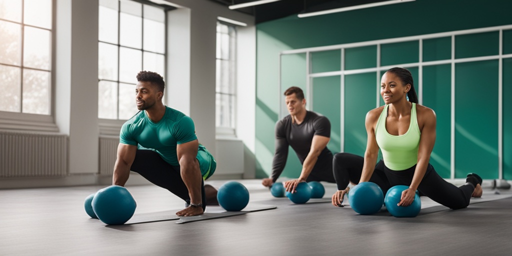 A diverse group performs shoulder-strengthening exercises in a bright gym, promoting health and wellness with motivational energy.  .png