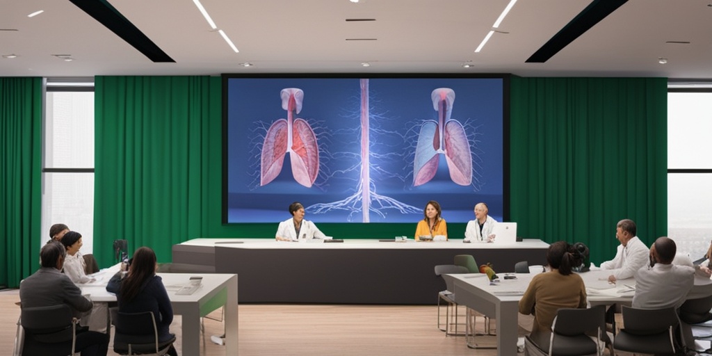 A diverse panel of medical experts discussing lung pumping, with visual aids and a green backdrop promoting knowledge sharing.  .png