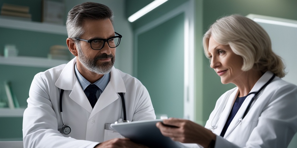 A doctor and patient engage in a supportive consultation about radiation illness treatment, set in a modern, inviting medical office.  .png