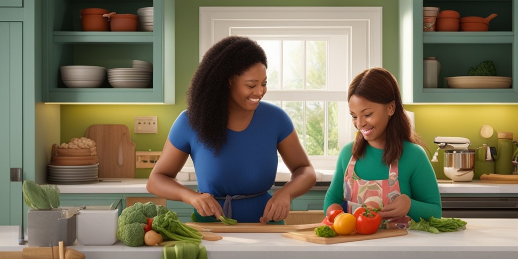 A family prepares IBS-friendly meals in a warm kitchen, showcasing healthy ingredients and the importance of nutrition and support.  .png