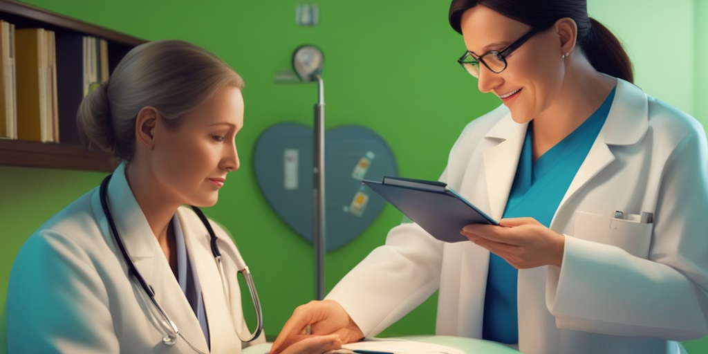 A healthcare professional discusses Henoch-Schonlein Purpura treatment options with a patient, surrounded by medical equipment in a soothing green environment.  .png