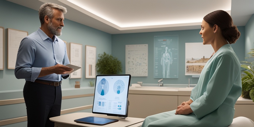 A healthcare professional discusses IBS with a patient, using a digital tablet in a calming clinical setting filled with informative visuals.  .png