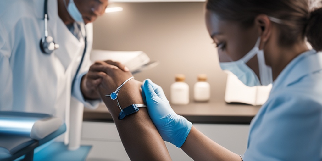 A healthcare professional examining a ganglion cyst, with medical tools and charts in a bright, clinical setting.  .png