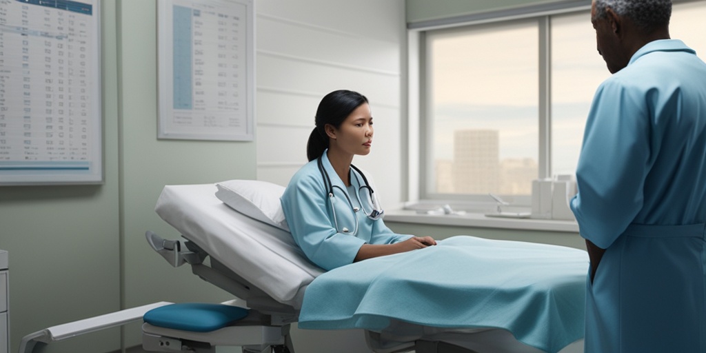 A healthcare professional explaining BPH complications to a patient, with medical charts in a calm hospital environment.  .png