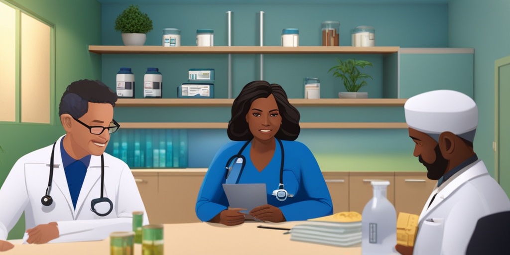 A healthcare professional explains enzyme replacement therapy to a patient in a modern medical facility dedicated to glucocerebrosidosis.  .png