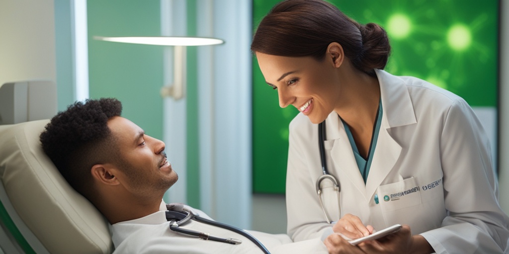 A healthcare professional explains treatment options to a patient, fostering a collaborative approach in a calming clinical environment.  .png