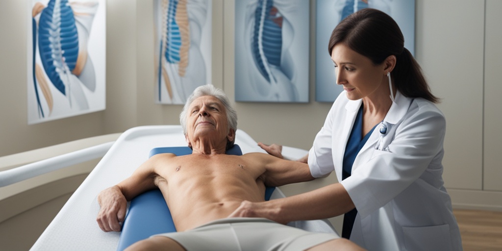 A healthcare professional guides a patient through physical therapy exercises in a calming, well-lit therapy room.  .png