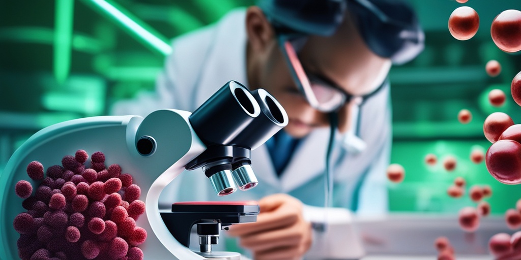 A medical professional examines blood samples under a microscope, highlighting immune cell details and symptoms of Primary Immunodeficiency.  .png