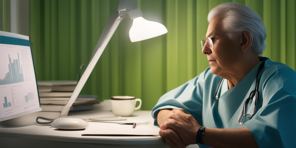 A middle-aged patient in a clinical setting, displaying fatigue and discomfort, surrounded by calming green tones and soft lighting..png