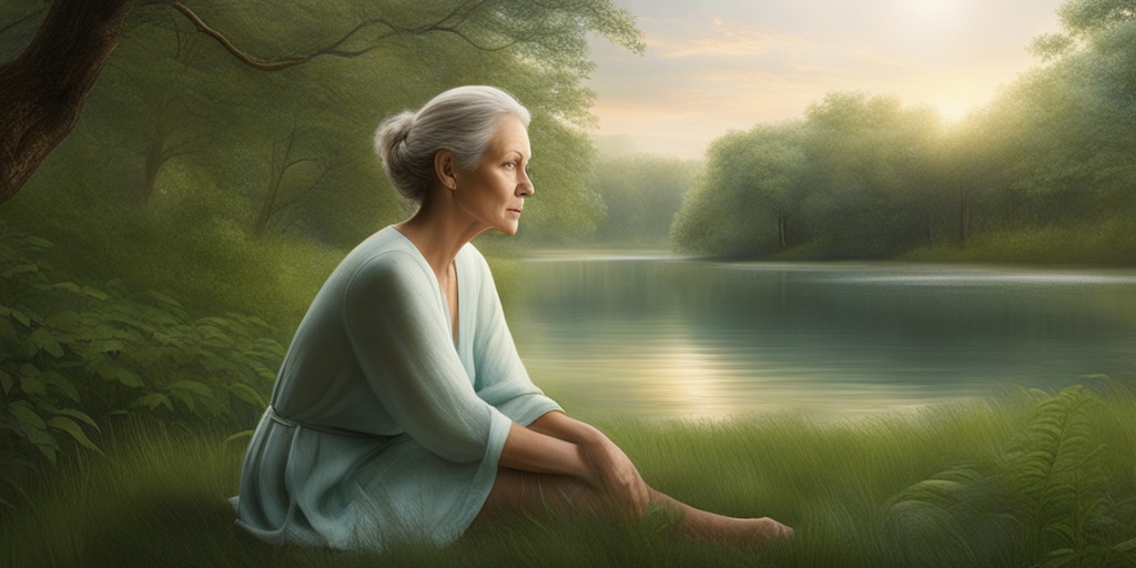 A middle-aged woman reflects on her journey with radiation illness in a serene outdoor setting, symbolizing resilience and recovery.  .png