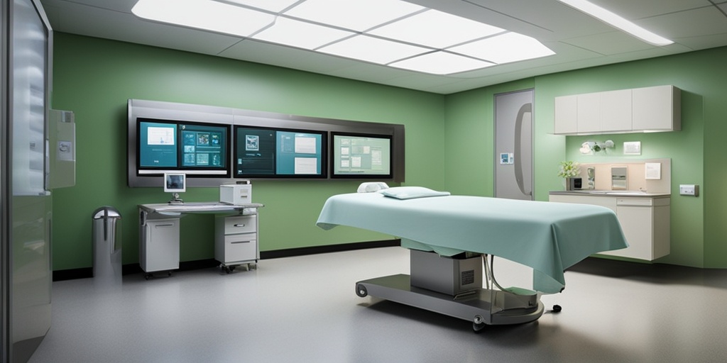 A modern treatment room featuring advanced medical equipment, with professionals discussing care plans with a patient.  .png