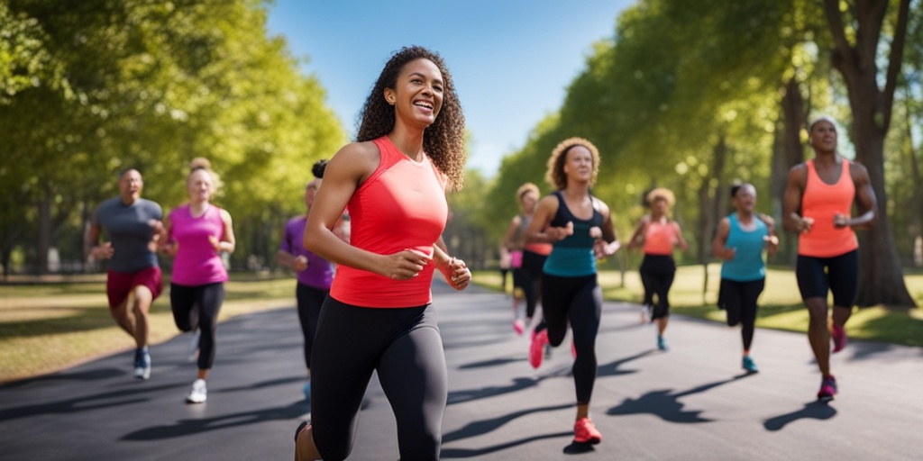 A motivational fitness coach leads an enthusiastic outdoor class, fostering camaraderie and support for a healthy lifestyle.  .png