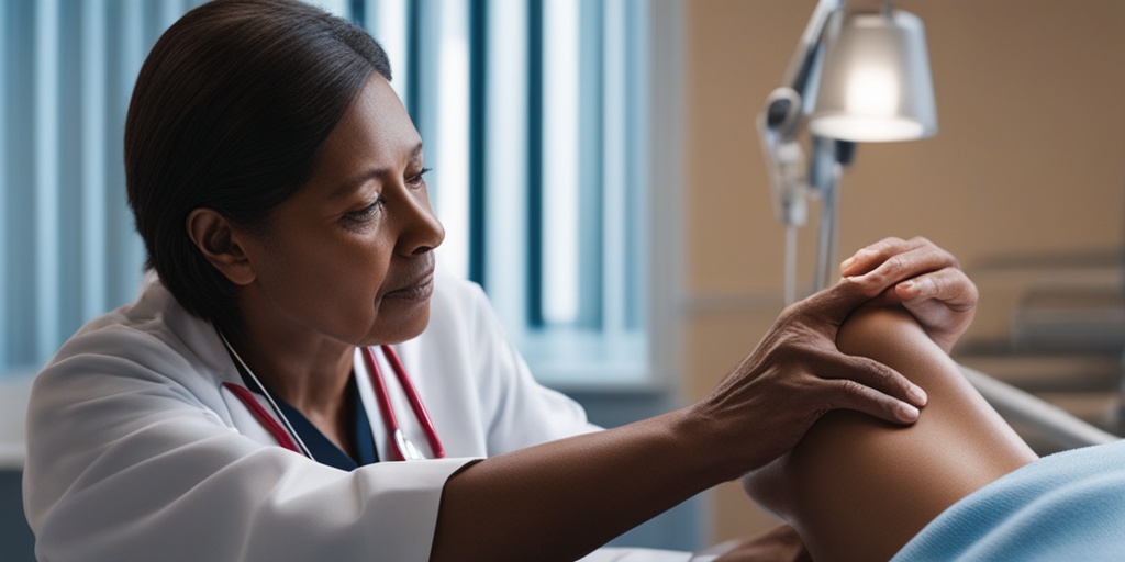 A patient on an examination table, with a doctor examining their swollen hand, emphasizing care and urgency in treatment.  .png