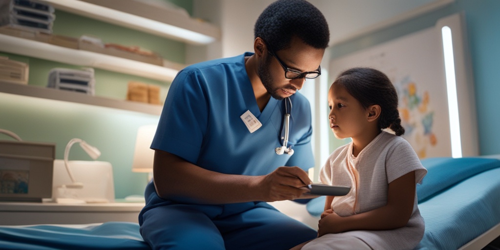 A pediatrician compassionately examines a young patient, highlighting Holoprosencephaly symptoms in a clinical setting.  .png