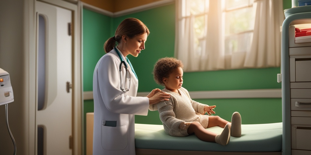 A pediatrician examines a child's rash in a well-lit room, showcasing a compassionate doctor-patient interaction.  .png