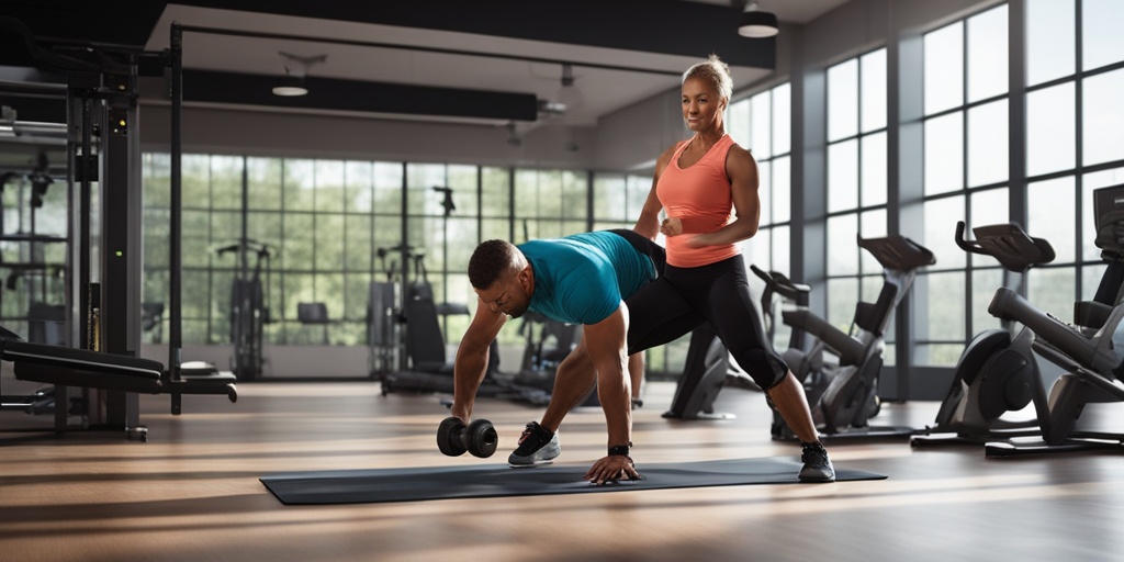 A personal trainer demonstrates heart-healthy exercises in a modern gym, highlighting dedication and motivation for fitness.  .png