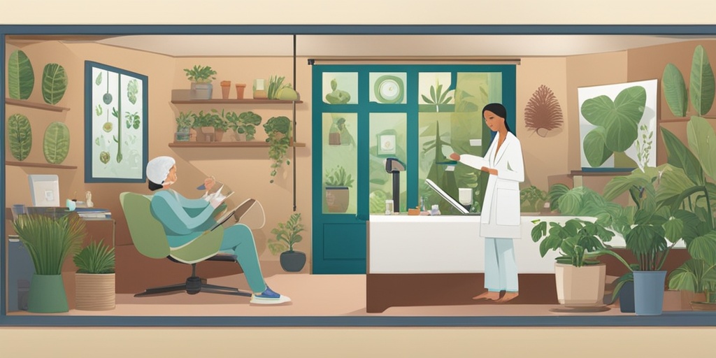 A practitioner using various diagnostic tools in a cozy, plant-filled room, showcasing personalized naturopathic care methods.  .png