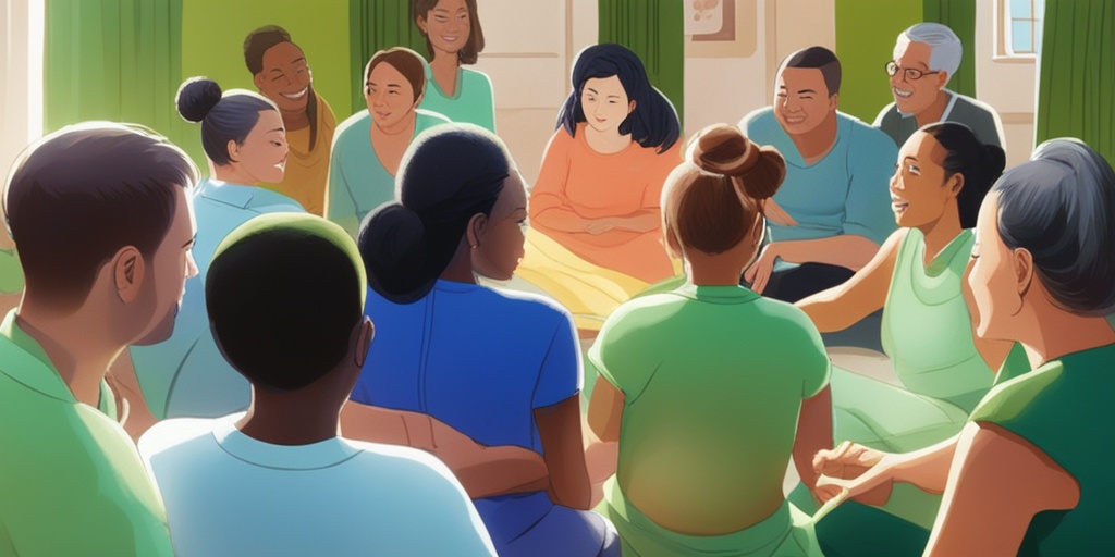 A supportive group therapy session illustrates community and resilience for individuals managing Tardive Dyskinesia, fostering positivity.  .png