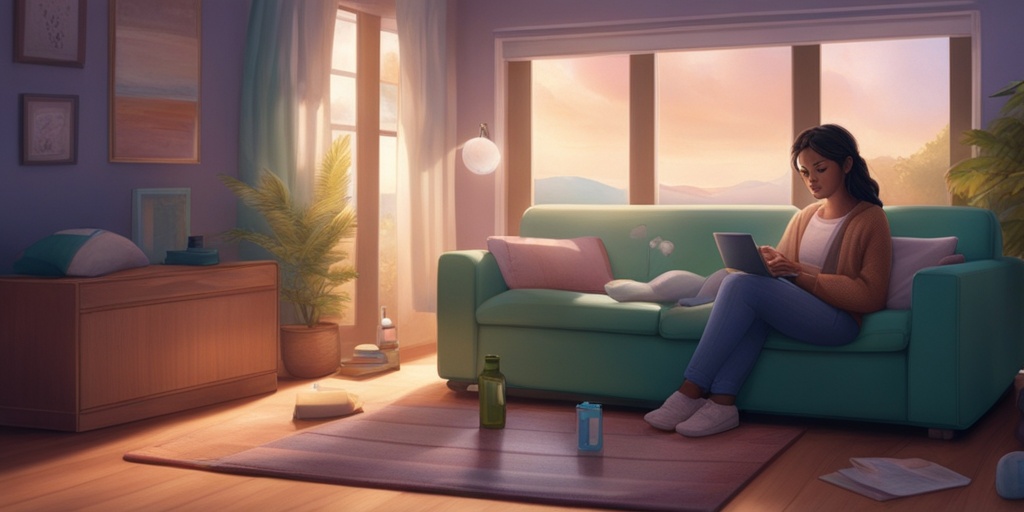 A teenage girl shows fatigue in a cozy living room, surrounded by medication and a laptop displaying health information.  .png