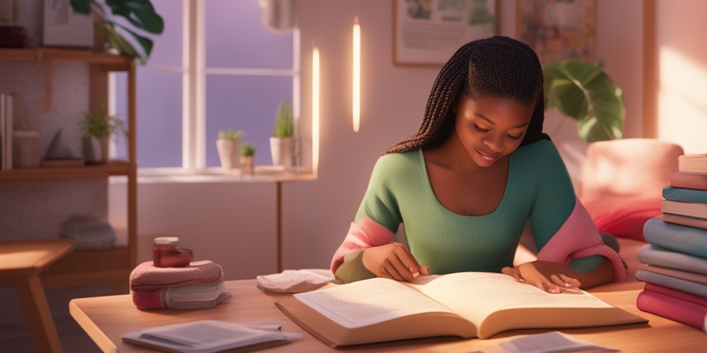 A teenage girl sits in a cozy room, surrounded by menstrual health materials, symbolizing empowerment and self-care practices.  .png