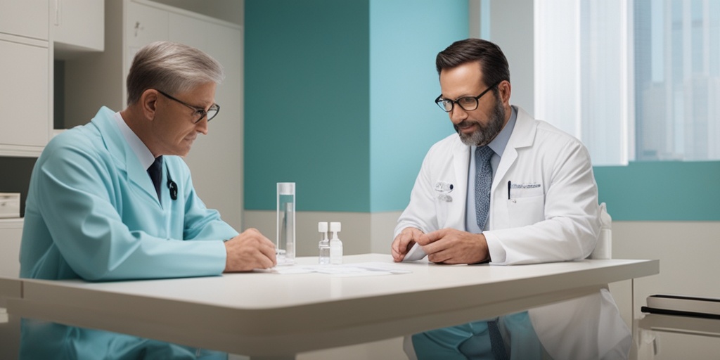 A urologist discussing BPH treatment options with a patient, featuring medication bottles and surgical diagrams in a modern setting.  .png