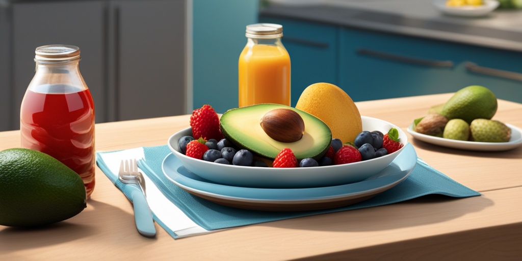 A vibrant table displays heart-healthy foods alongside running shoes, symbolizing the synergy of nutrition and exercise.  .png