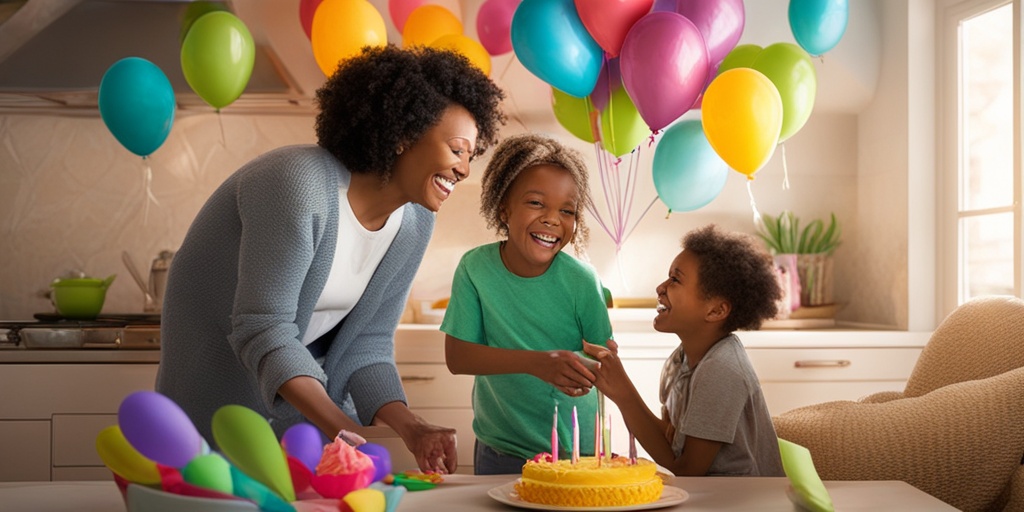 A young survivor celebrates with family, surrounded by balloons and cake, symbolizing hope and recovery from Wilms' Tumor.  .png