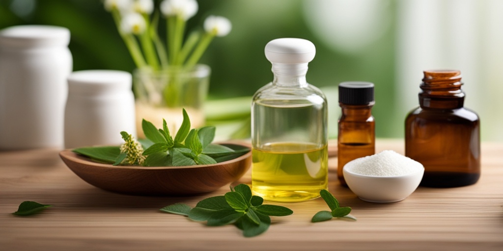 An array of home remedies for ganglion cysts displayed on a wooden table, surrounded by natural elements.  .png