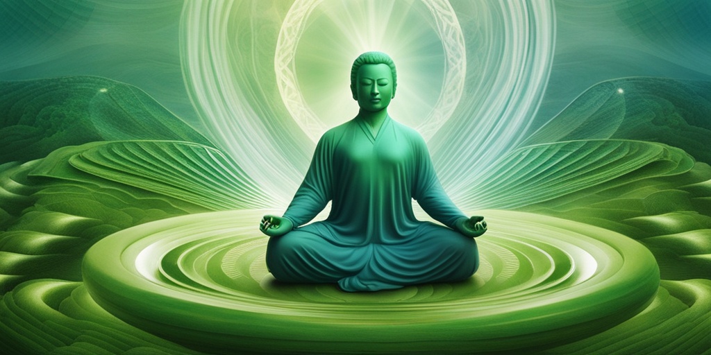 Central figure in a meditative pose surrounded by energy waves, symbolizing Qi flow in a calming outdoor setting.  .png