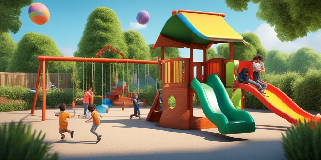 Children play in a vibrant playground, maintaining distance while visual indicators illustrate COVID-19 transmission awareness.  .png