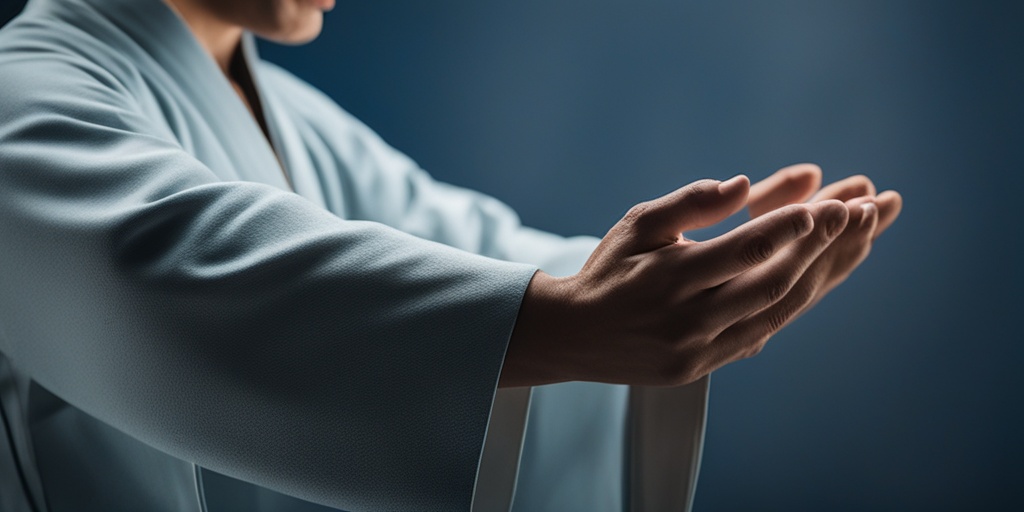 Close-up of a person performing Qi Gong, showcasing intricate hand movements against a serene blue backdrop.  .png