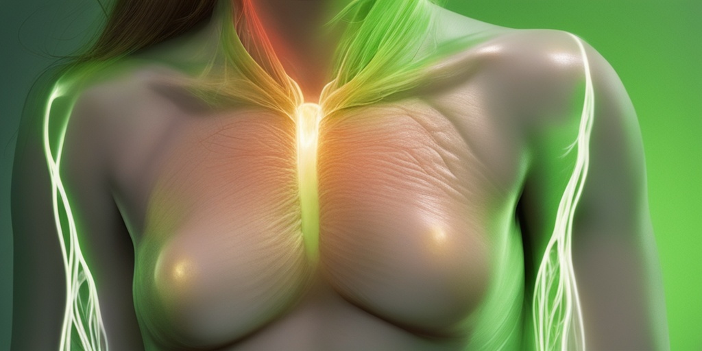 Close-up of a person's chest area, highlighting tenderness and swelling with informative annotations.  .png