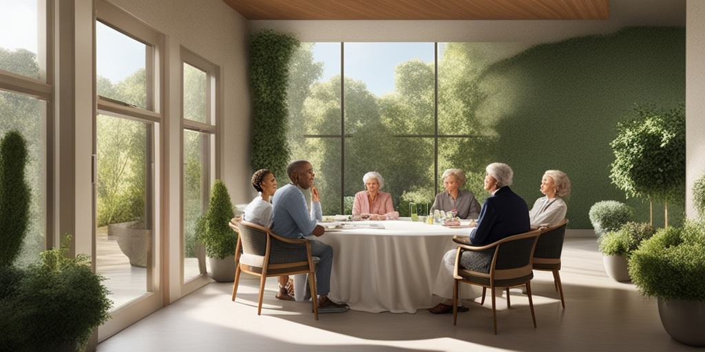 Diverse healthcare professionals discuss holistic care strategies in a sunlit room with a tranquil garden view.  .png