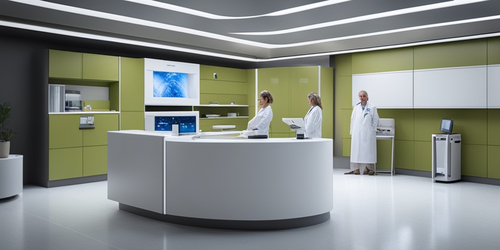 Healthcare professionals discussing RCC treatment options in a modern facility, with chemotherapy tools and a calming blue environment..png